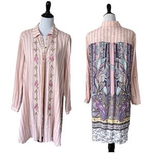 John Mark Mixed Media tunic embroidery linen blend roll tab sleeves Size L